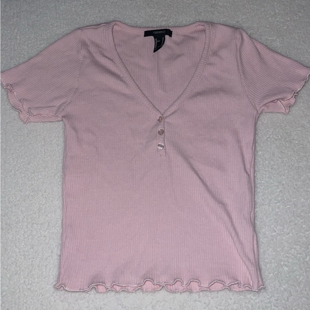 Pink Ribbed V-Neck Top